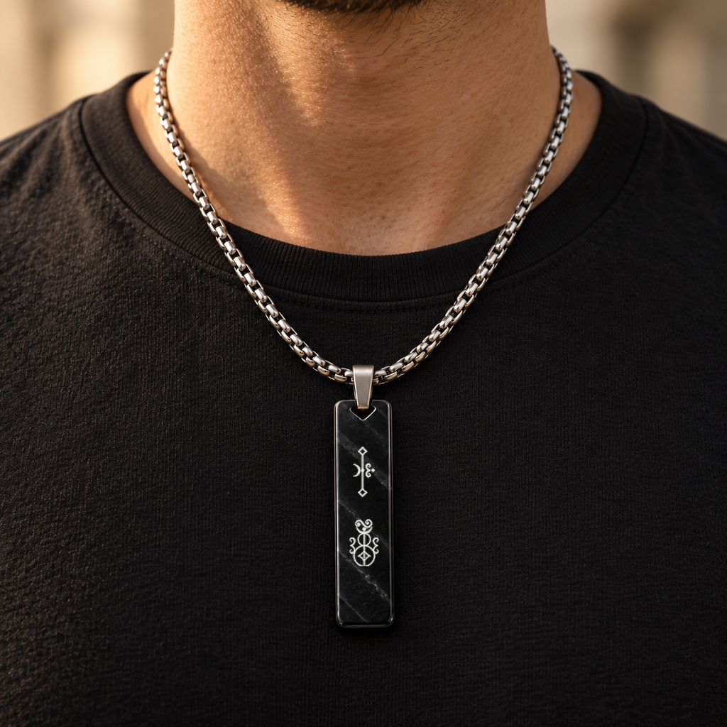 Men's black Strength and Wealth necklace worn on the neck