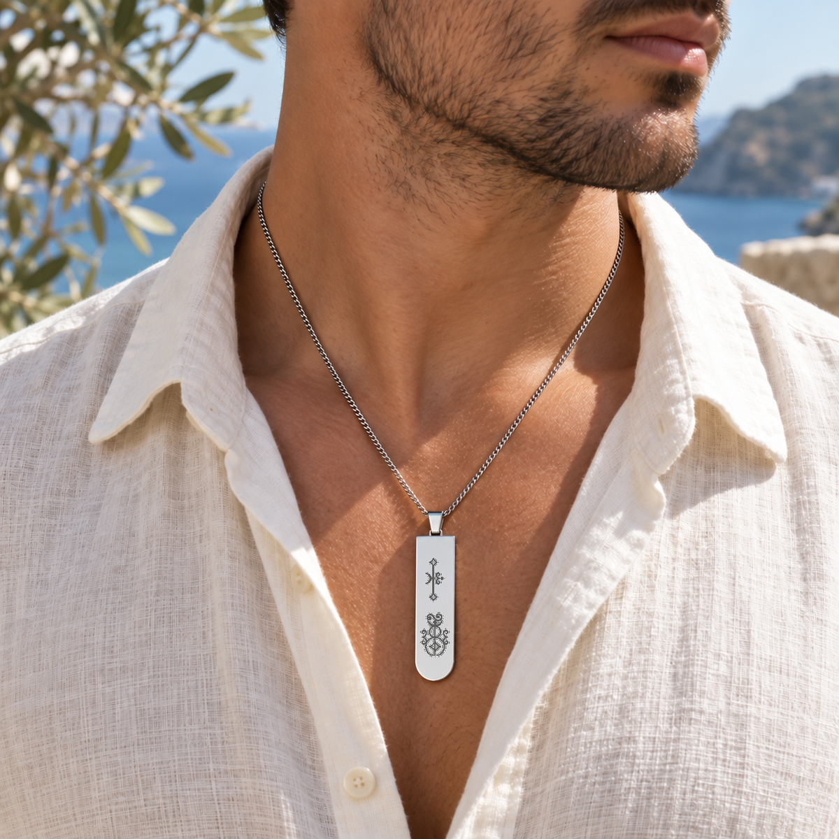 Men's Strength and Wealth necklace worn on the neck