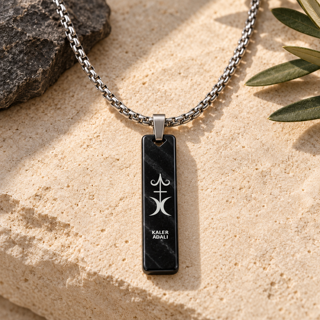Men's black necklace with Happiness symbol and Kaler Adali mantra, front view