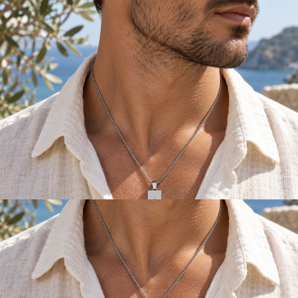 Men's silver Happiness and Protection necklace worn on the neck