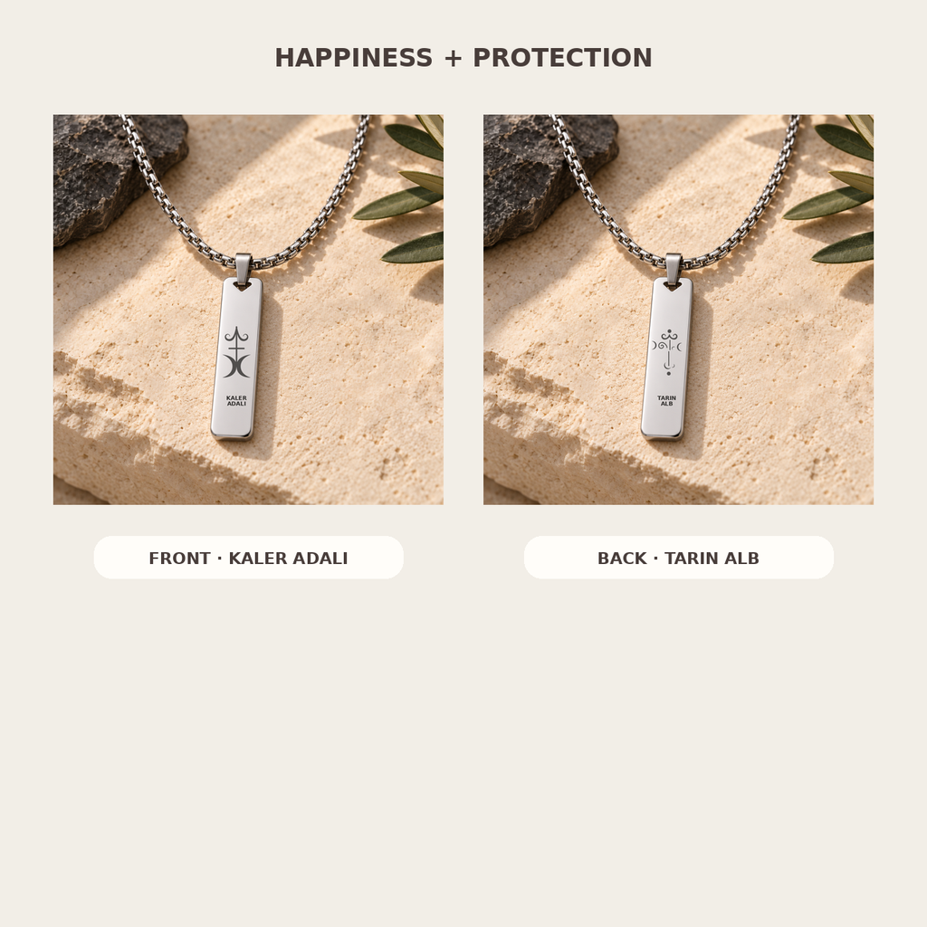 Men's Happiness and Protection necklace showing front and reverse sides